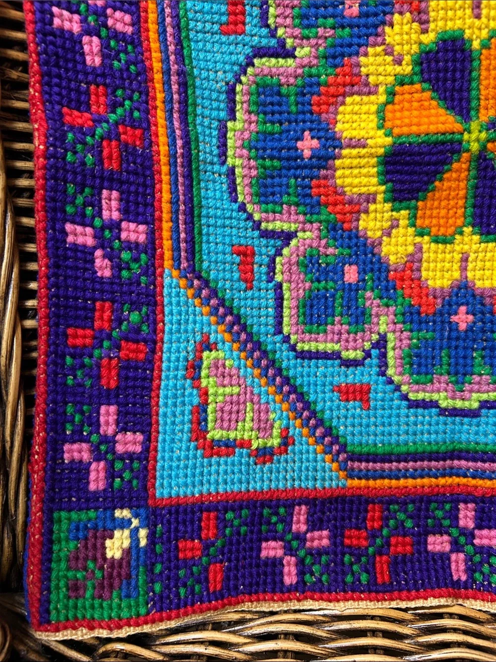 Vintage Ukrainian Multicolor Floral Needlepoint Pillowcase Turquoise, Purple